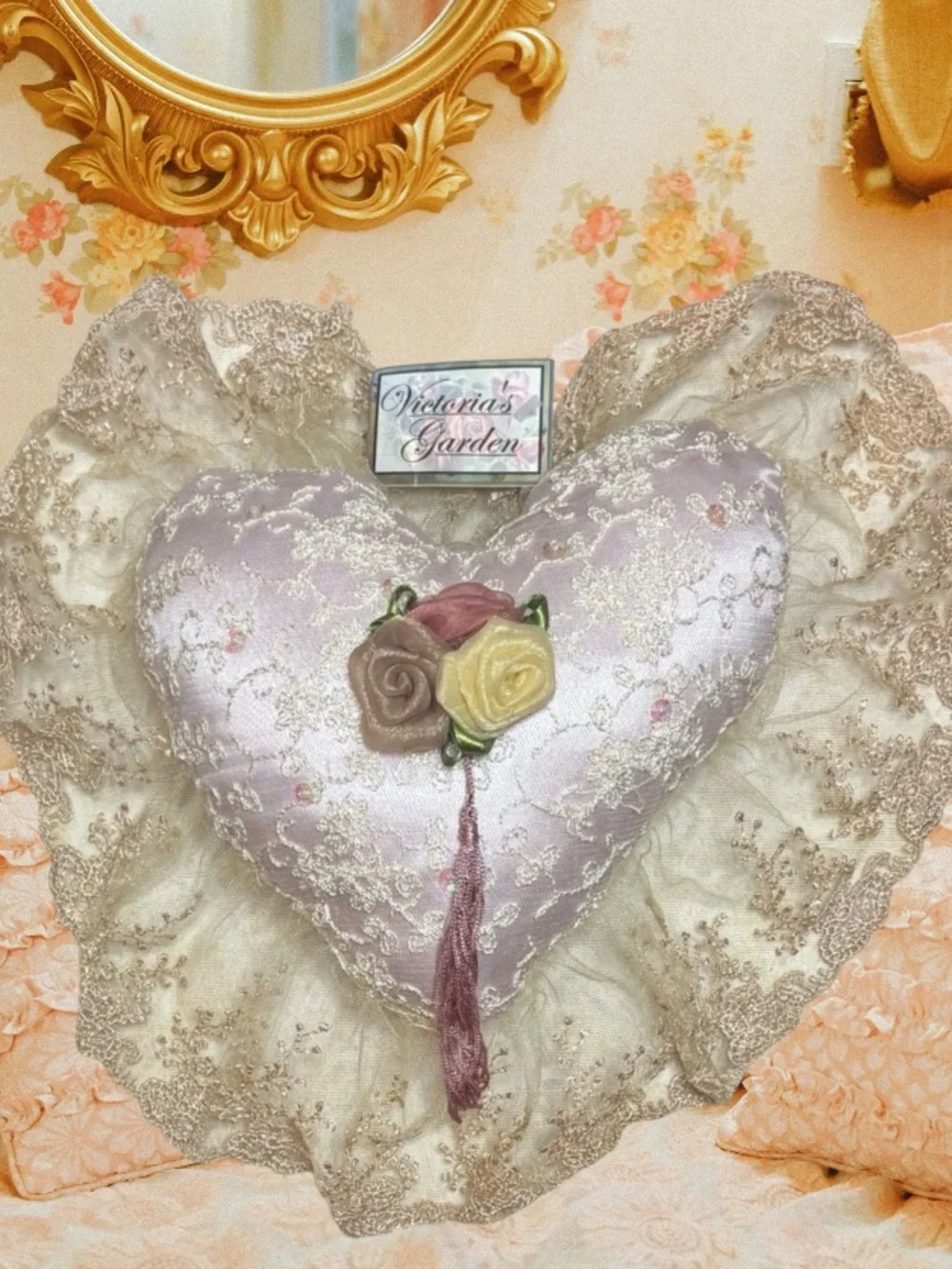 Victorian “French Lovers” Handmade Lace Heart Pillow Vintage Cottage Decor Pink